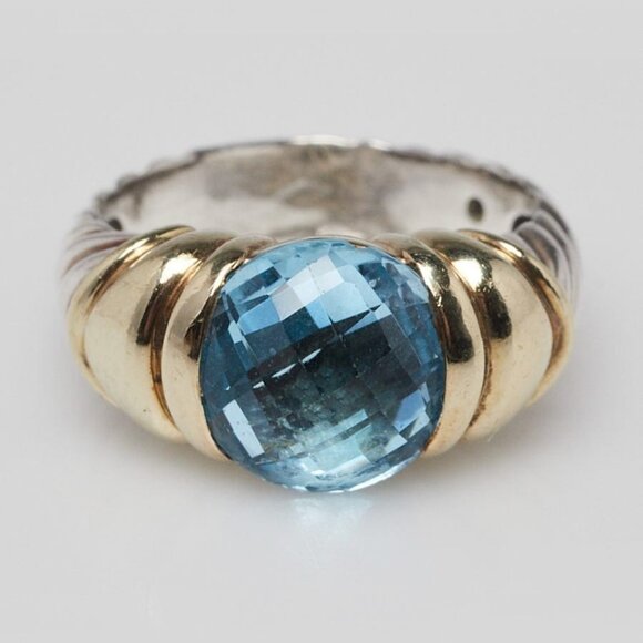 David Yurman 14K Gold Sterling Silver and Blue Topaz Capri Cocktail Ring Size 6 - Picture 1 of 5